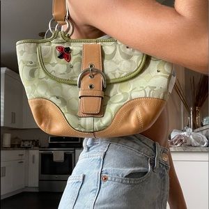 Coach Signature Ladybug Green Canvas with Leather Trim Tote